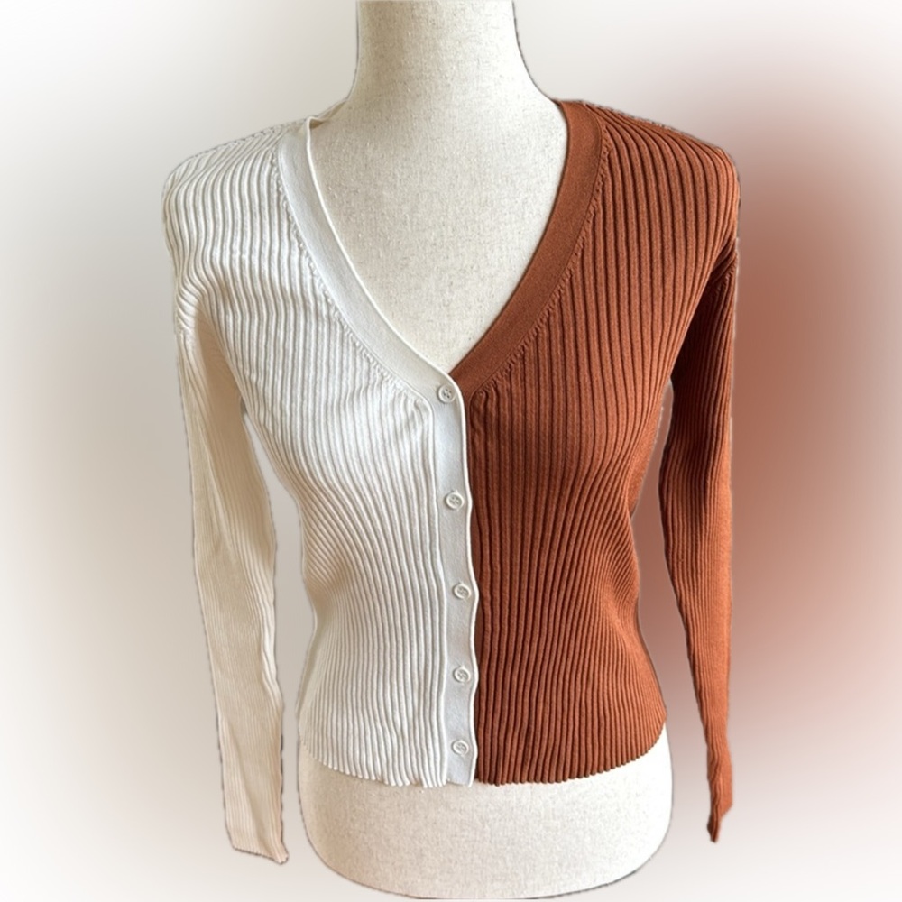 STAUD Ribbed Cardigan in White and Brown